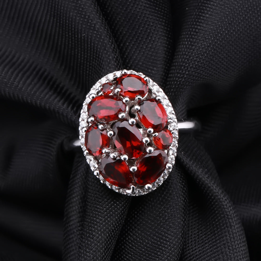 Cluster Inlaid Natural Garnet Ring for Women Fashionable, luxurious, and high-end feel s925Silver Inlaid Natural Gemstone Ring