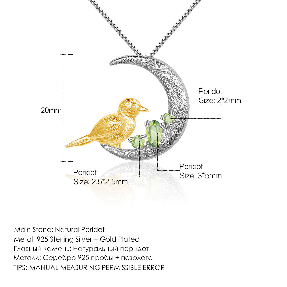 Designer Style Chinese Style Gemstone Pendant Bird and Crescent Design s925Silver Natural Peridot Necklace Pendant