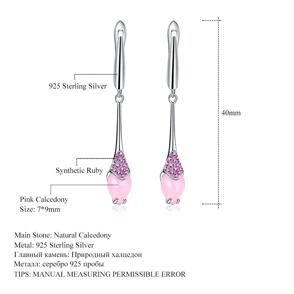 Italian Craft Jewelry Designer Long Earrings Advanced Sense925Silver Inlaid Pink Chalcedony Earrings