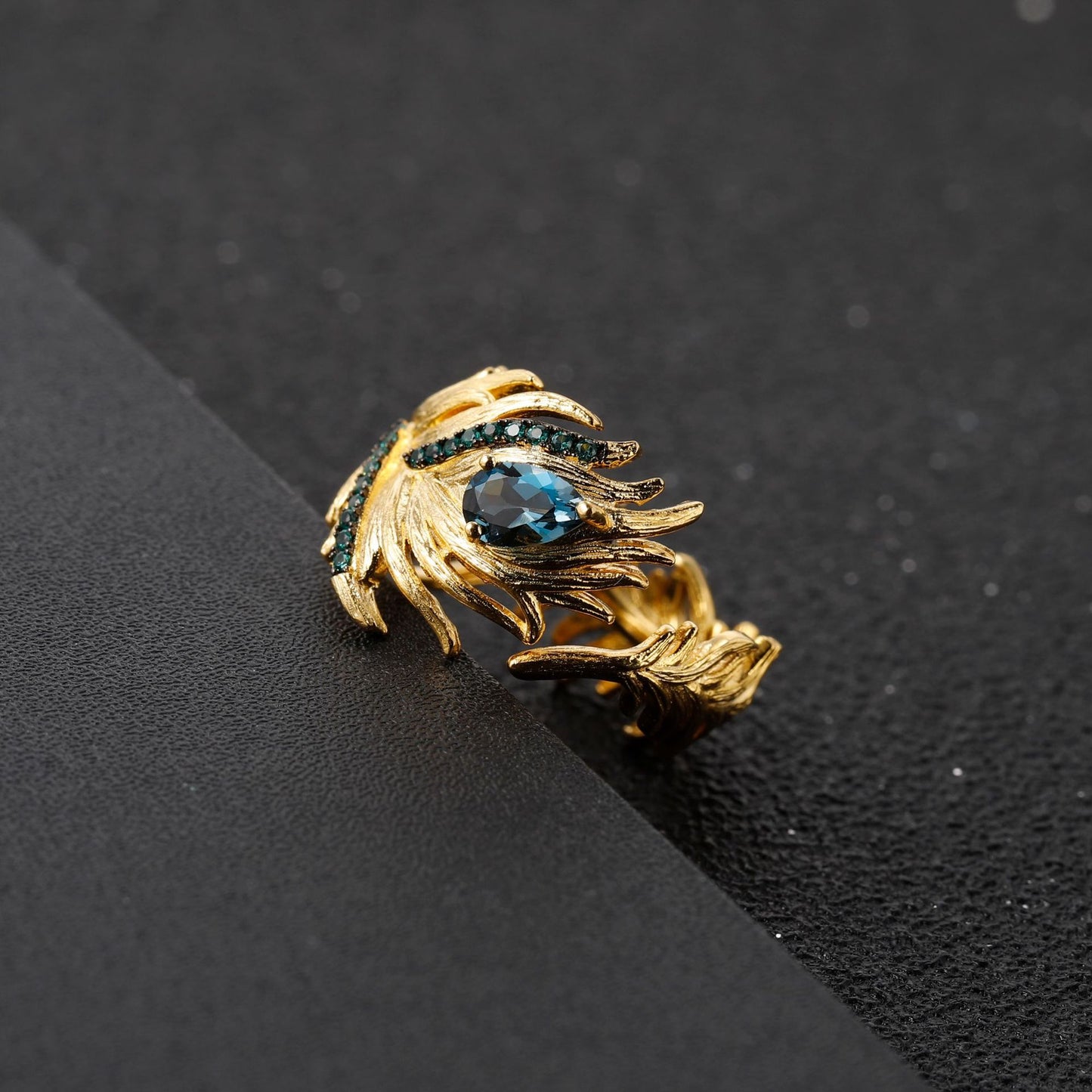 Designer Adjustable Open Ring with Bird Feather Design925Silver Natural Topaz Ring