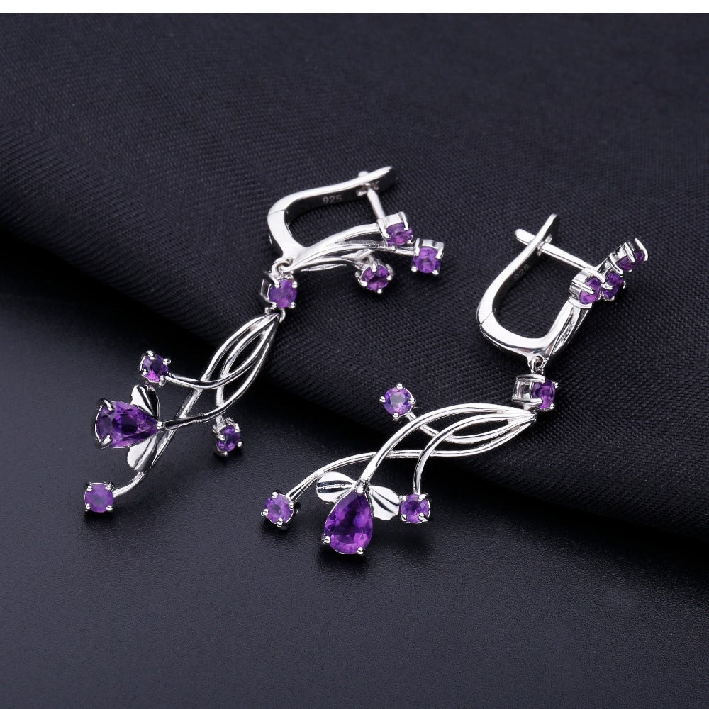 Natural Gemstones925Sterling Silver Earrings Luxury Design Light Luxury Jewelry Accessories Natural Amethyst Earrings Studs Drop Earrings