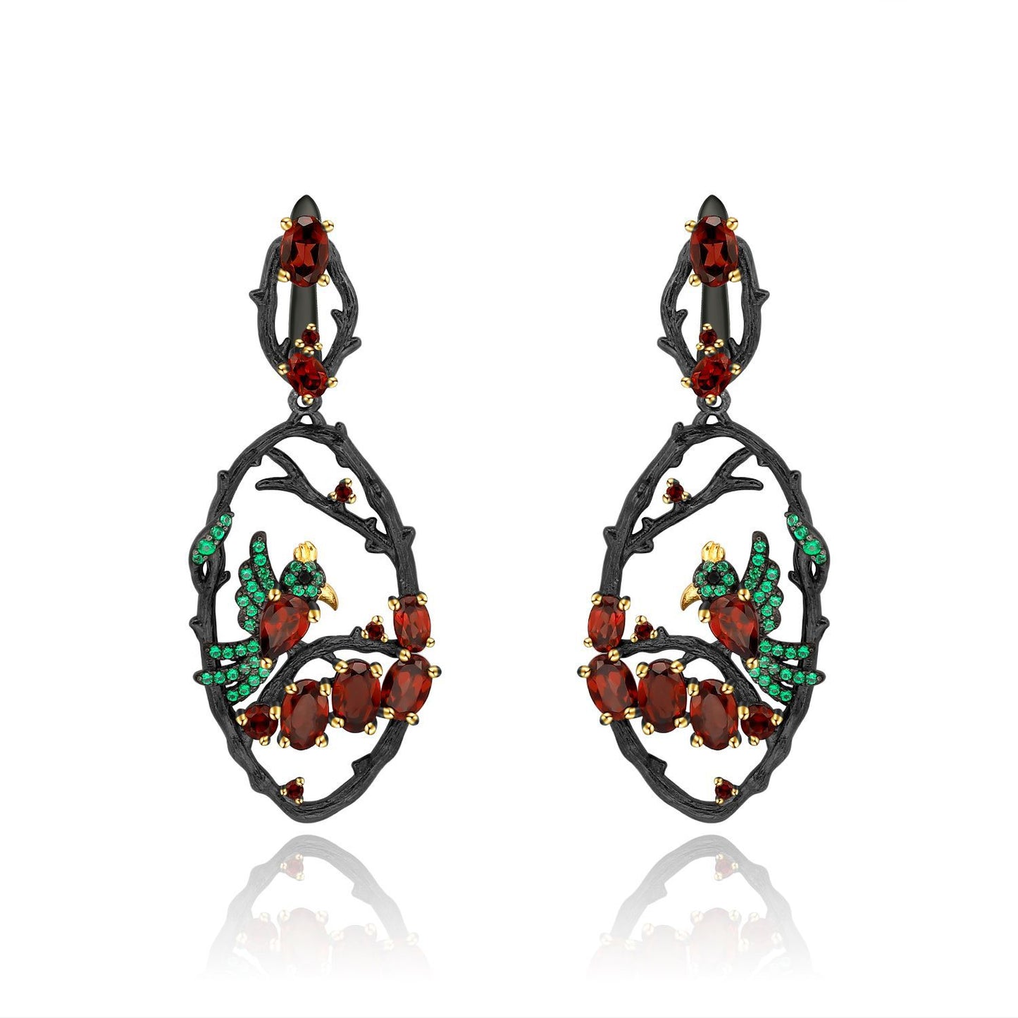Secret Garden Designer Earrings Birds in the Bush Design Chinese Style925Silver Natural Gemstone Earrings