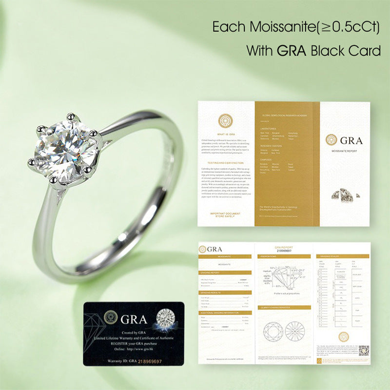 All-Matching s925Sterling Silver Inlaid1Carat Moissanite Wedding Ring Single Six-Prong Round Moissanite Ring Fashion