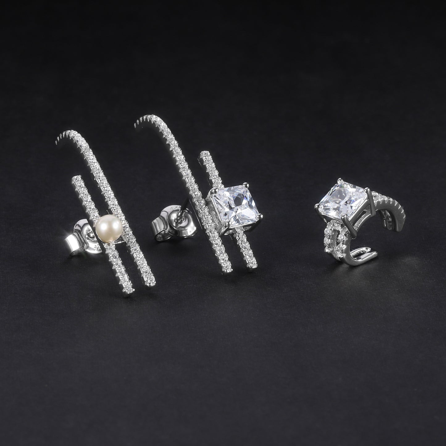 Fashionable Light Luxury Earring Three-Piece Set S925Silver Inlaid Natural Freshwater Pearl Set5A Zircon Earrings Ear Clips