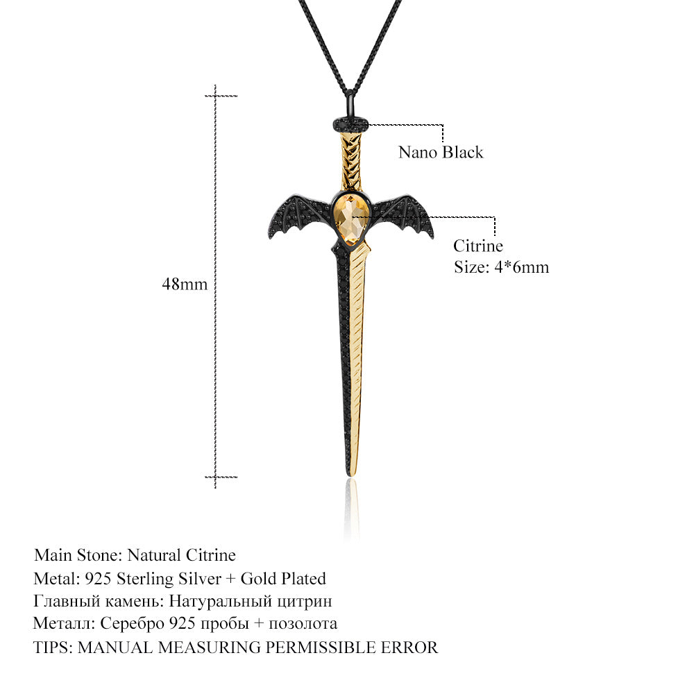 Dark Style Designer High-End Pendant Gothic Style Dagger Design s925Silver Natural Gemstone Necklace Pendant