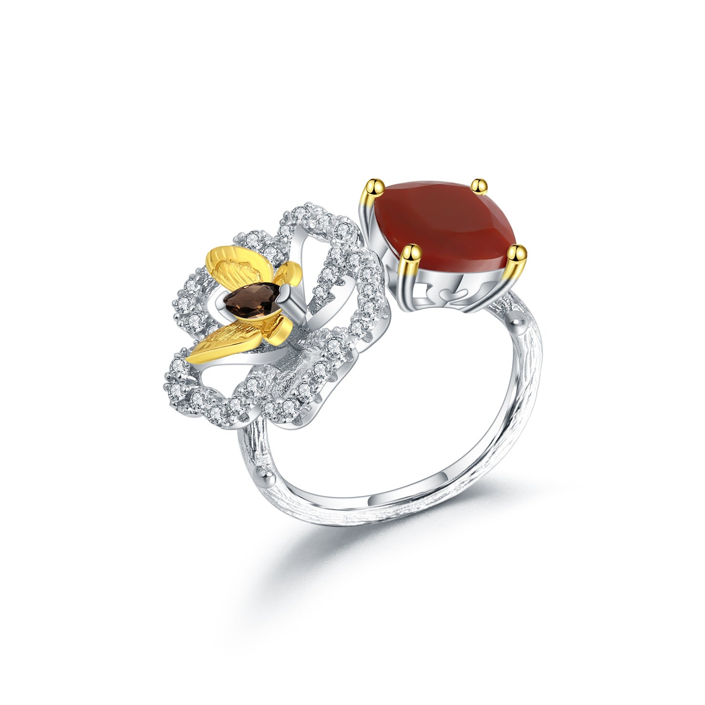 Designer Natural Yellow Crystal Ring Natural Style Butterfly Flower Design s925Silver Adjustable Open Ring