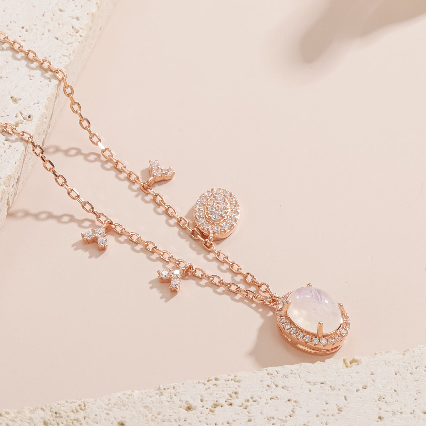 Personality s925Sterling Silver Clavicle Chain Plated18k Rose Gold2ct Natural Gemstone Niche Design Moonstone Necklace