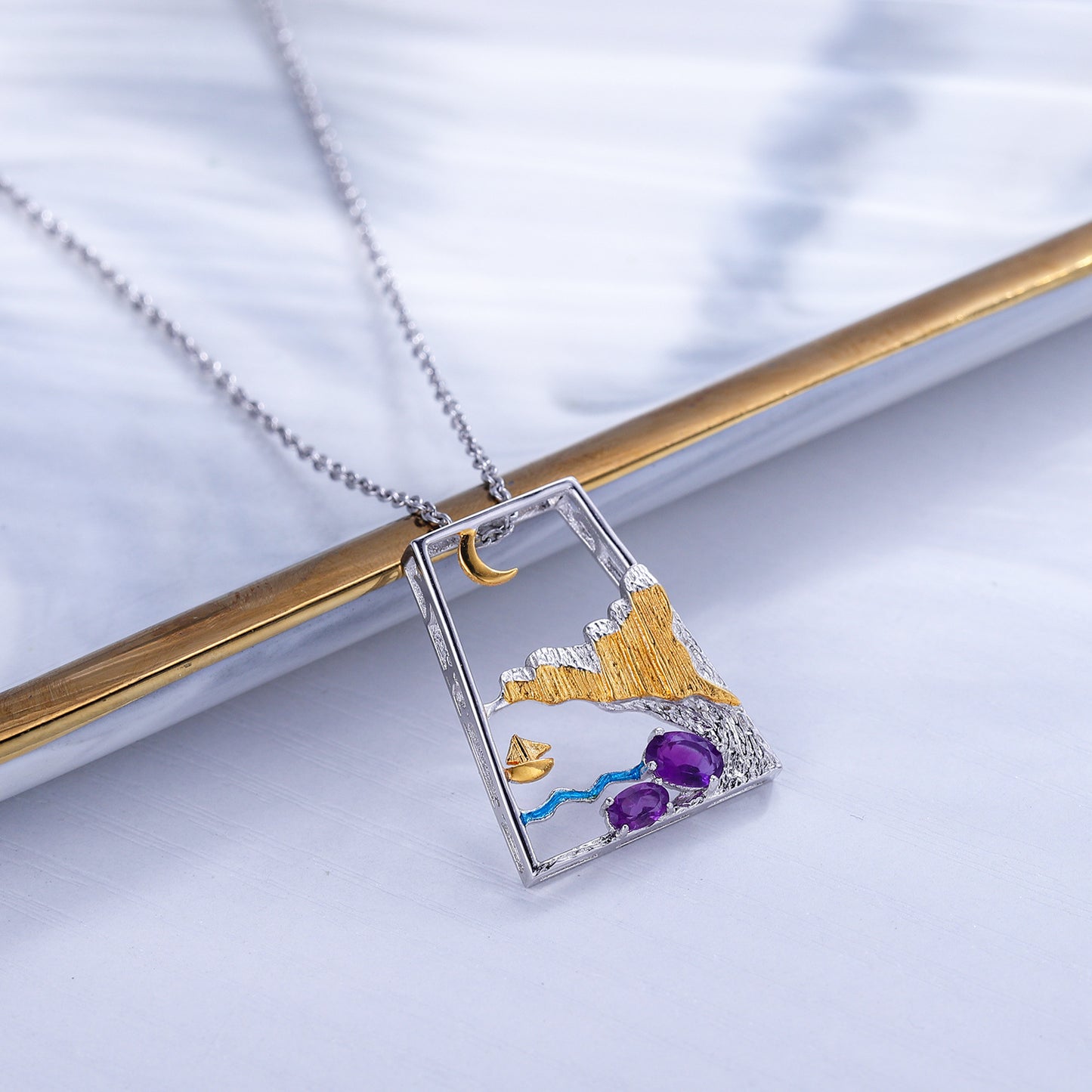 Moonlight Sparkling Full Painting Boat High Aesthetic ins Wind Pendant S925Sterling Silver Natural Gemstone Original Design Necklace