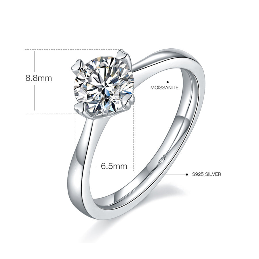 Classic Straight Arm Four Claw1Carat Moissanite Ring for Women Simple Fashion s925Silver Inlaid Gemstone Moissanite Ring