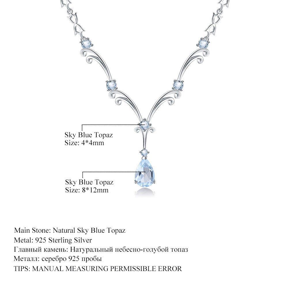 Luxury Natural Topaz Necklace High-Grade Sweater Chain s925Sterling Silver Inlaid Sapphire Necklace Pendant