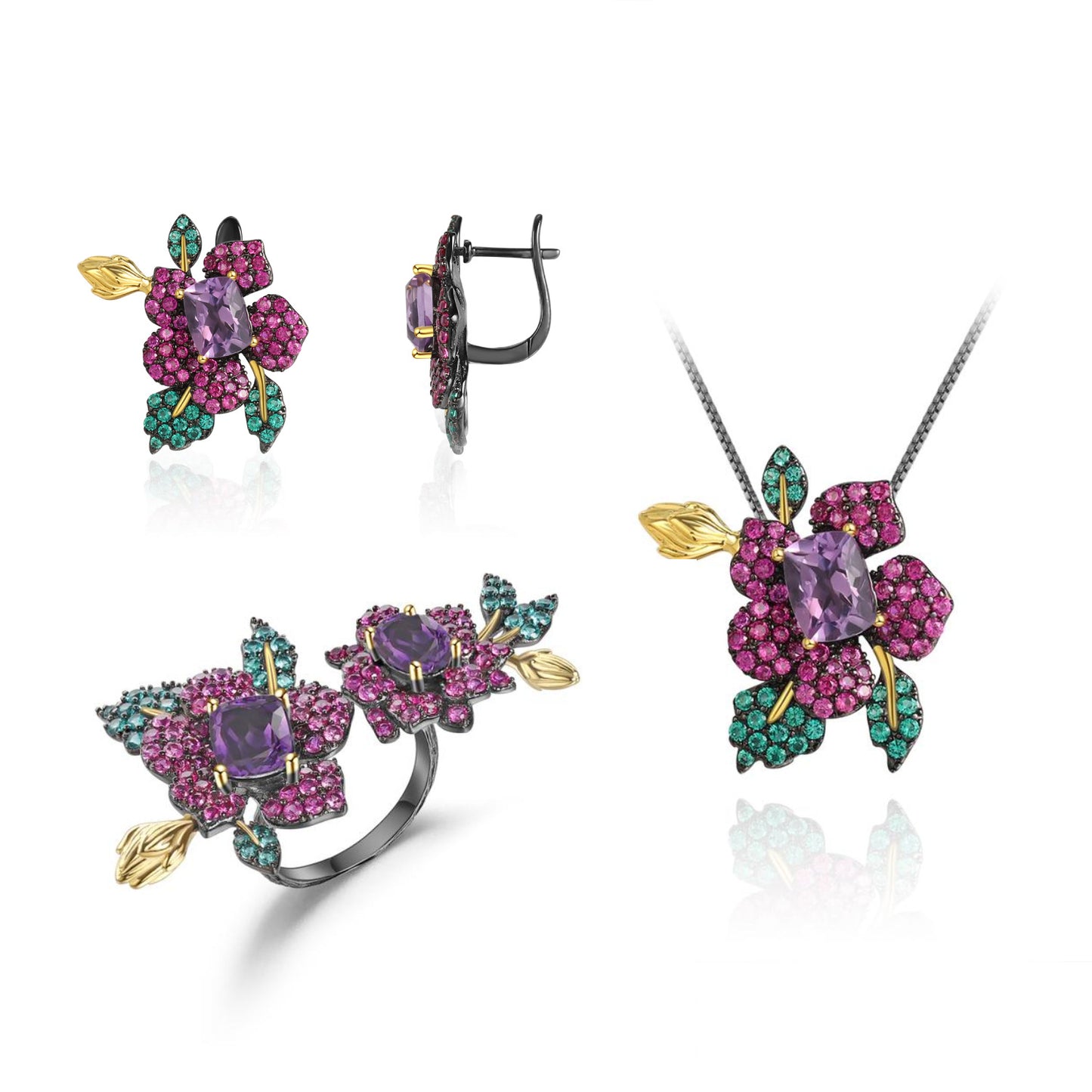 Secret Garden Series Designer High-End Jewelry Set 925Silver Natural Amethyst Ring Earrings Pendant