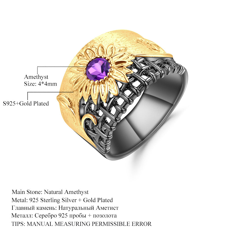 Italian Craft Designer Ring Vintage Style Red Spider Lily Design925Silver Natural Amethyst Ring