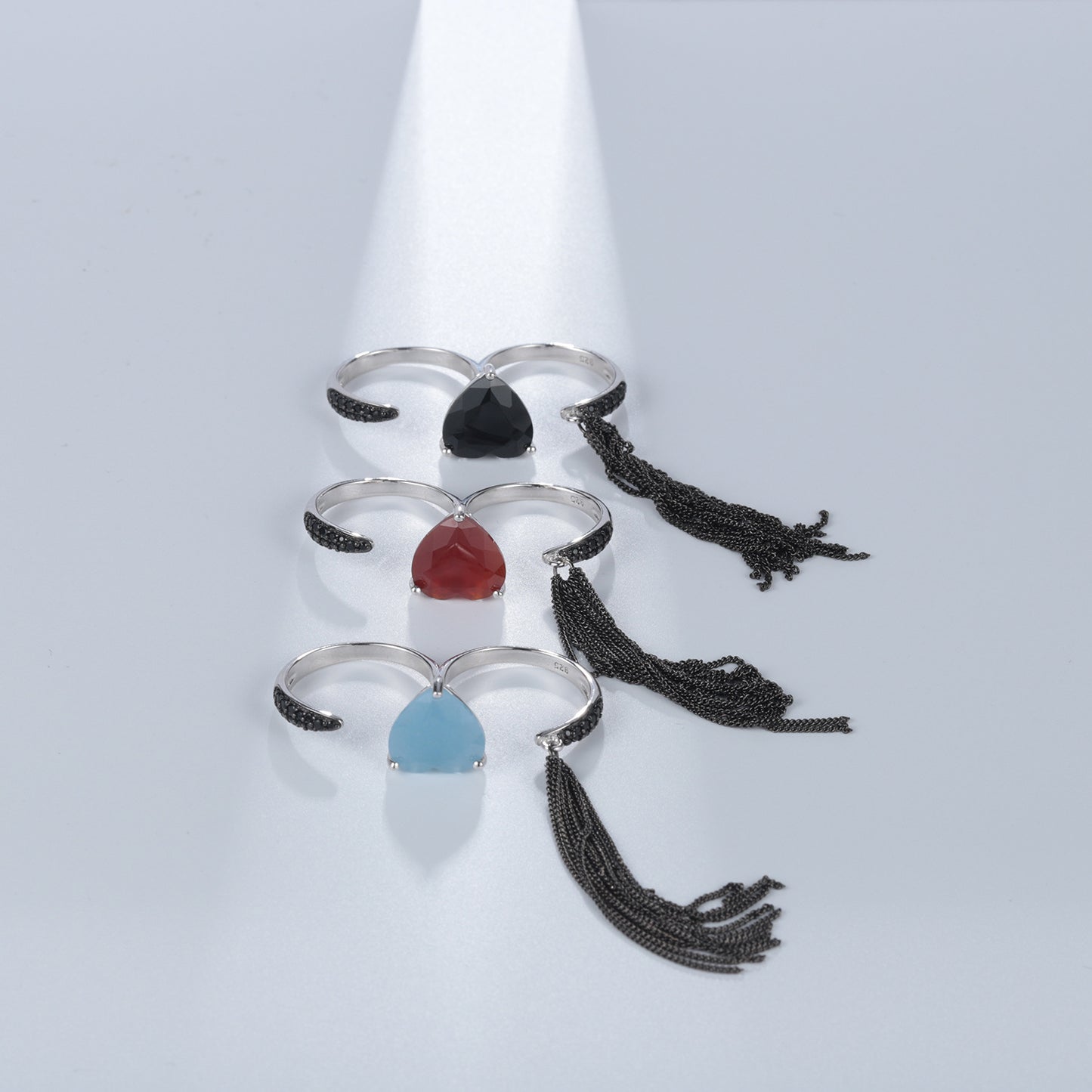 Designer Natural Heart Gemstone Ring with Tassel Design Unique and High-end Design925Silver and Black Onyx Ring