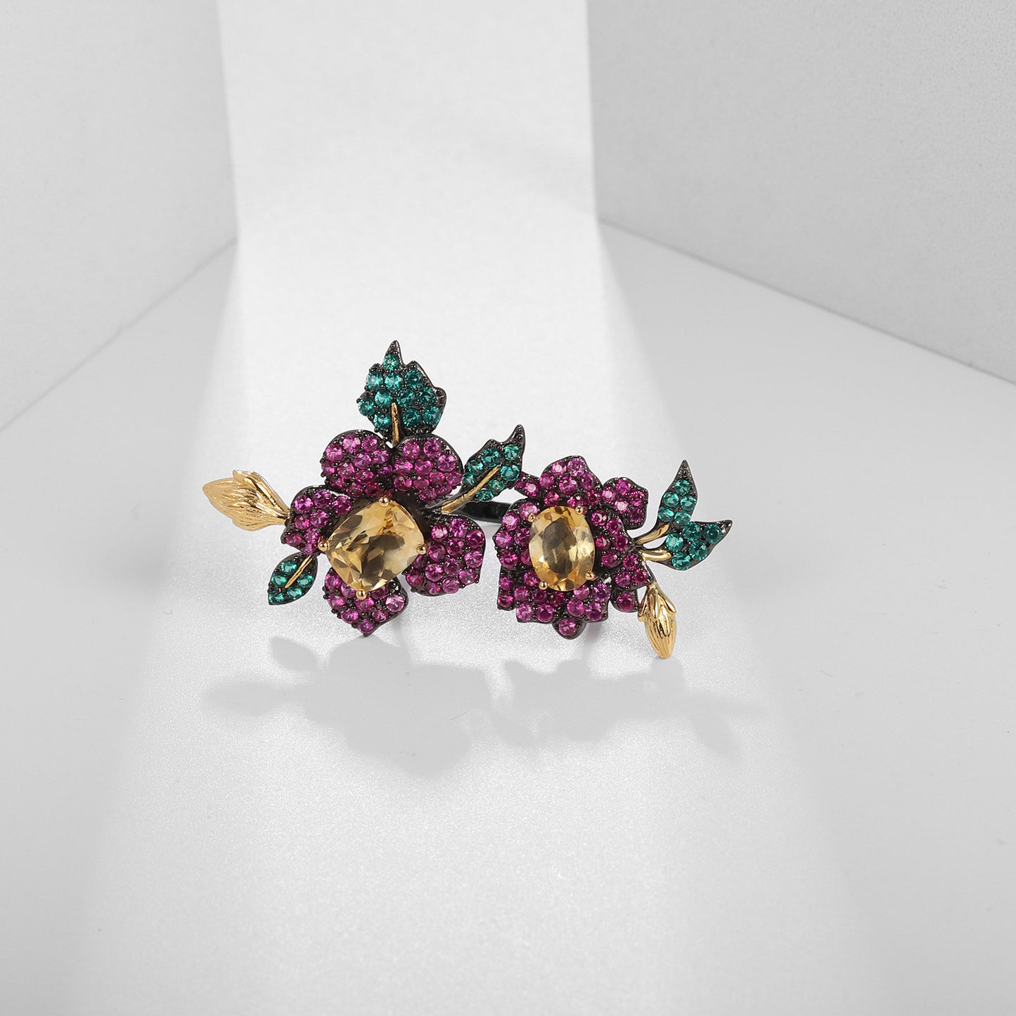 Designer Gemstone Ring Adjustable Natural Style Floral High-End Feel s925Silver Natural Yellow Crystal Ring