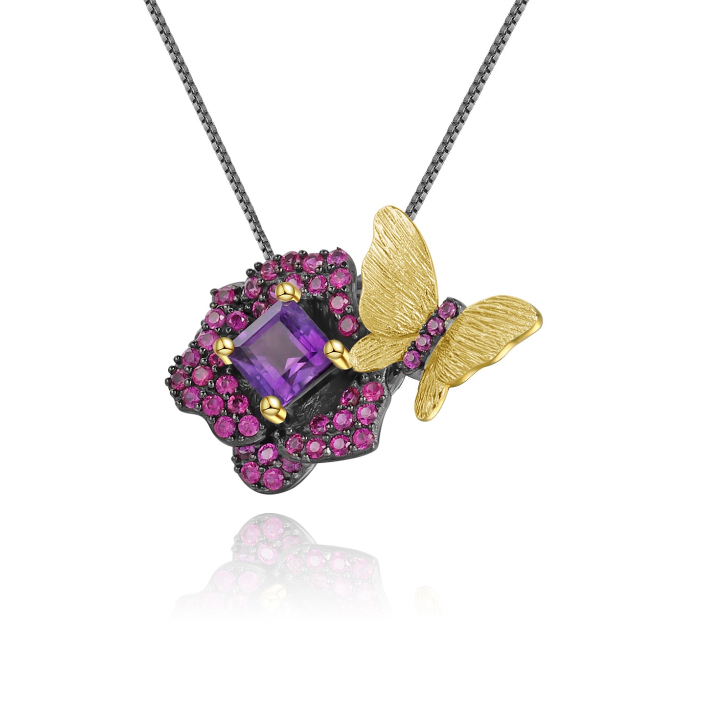Designer Natural Amethyst Brooch Pendant Dual-use Natural Style Floral Butterfly s925Sterling Silver Gemstone Necklace
