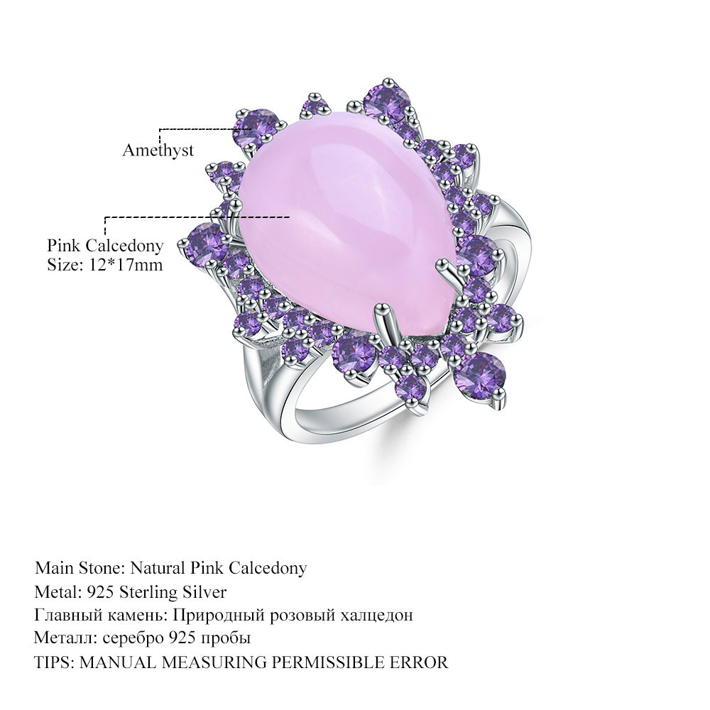 Luxurious Natural Gemstone Pink Chalcedony Ring Elegant Series with a Sense of Sophistication s925Silver Inlaid Gemstone Ring