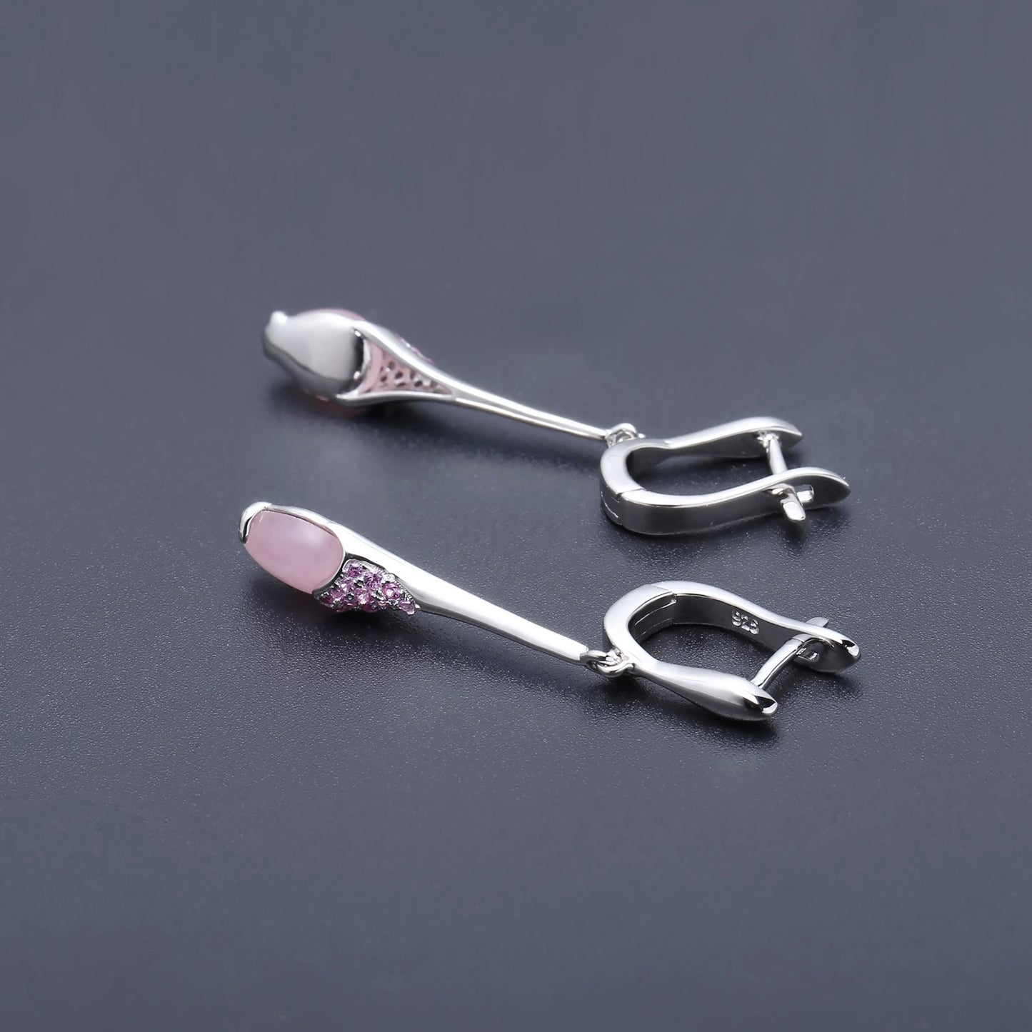 Italian Craft Jewelry Designer Long Earrings Advanced Sense925Silver Inlaid Pink Chalcedony Earrings