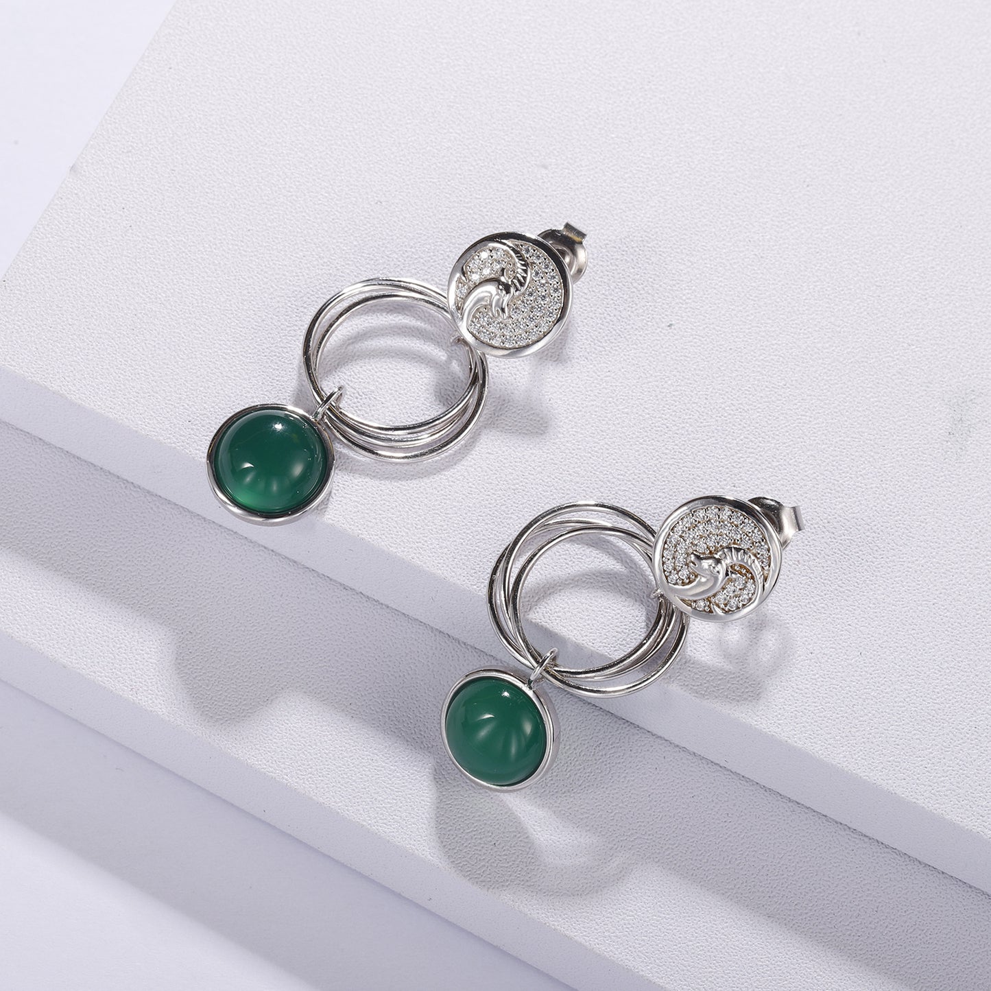 Designer High-End Capricorn Zodiac Earrings Geometric Minimalist Design925Silver Green Agate Stud Earrings