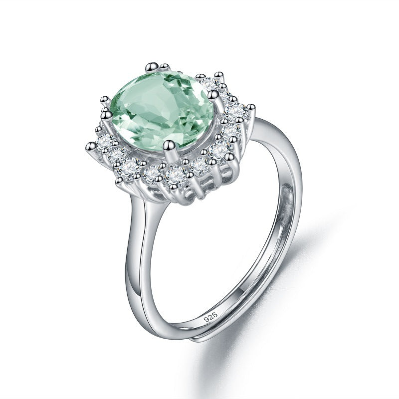 Natural Gemstone Green Amethyst Ring Adjustable Fashion Temperament s925Sterling Silver Inlaid Natural Gemstone Ring