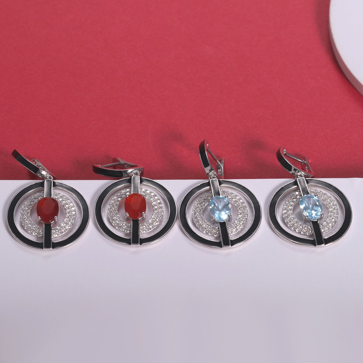 Designer Natural Topaz Enamel Earrings Unique Circular Design925Silver Color Gemstone Earrings