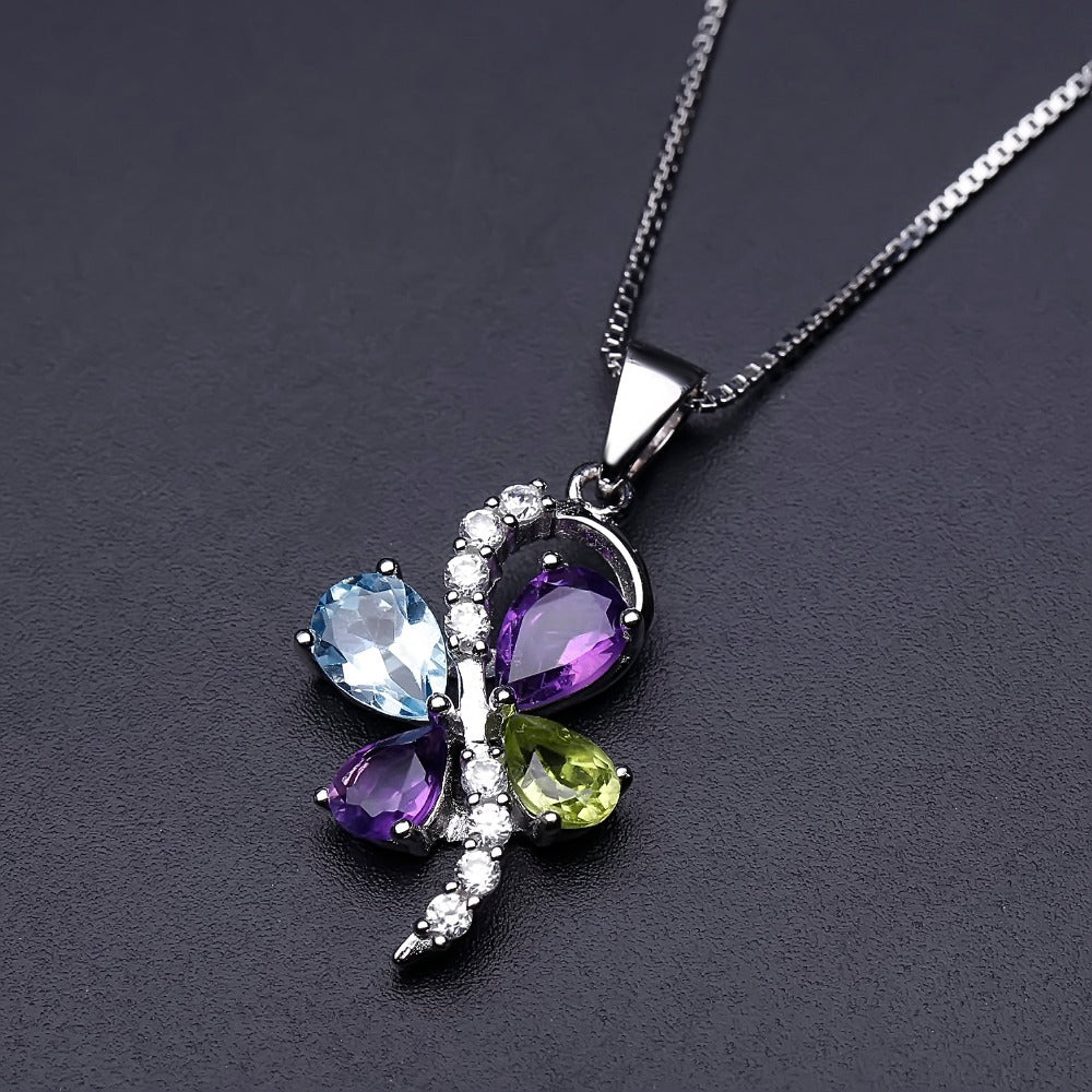 Light Luxury s925Sterling Silver Inlaid Gemstone Necklace with Unique Fashion Design and High-end Feel Natural Gemstone Pendant Necklace