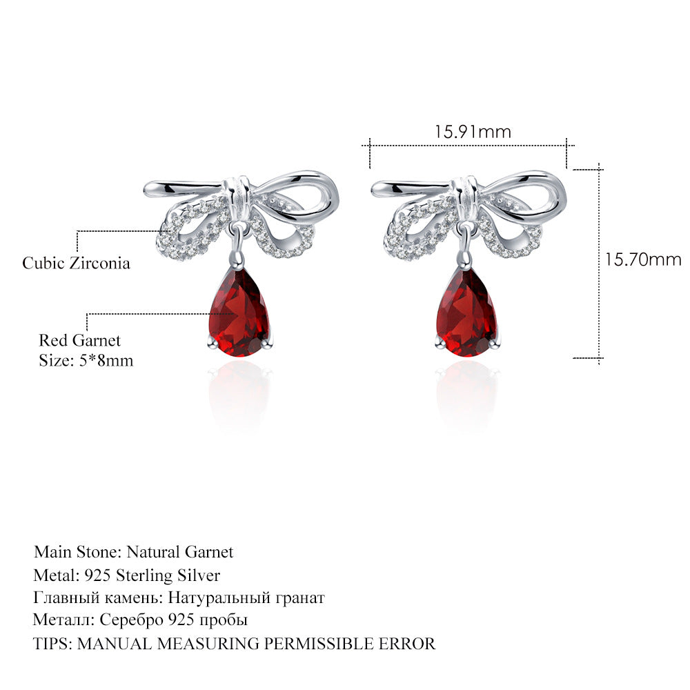 In-stock Sweet and Elegant Earrings Korean style bow tie s925Sterling Silver Inlaid Natural Gemstone Crystal Earrings Jewelry