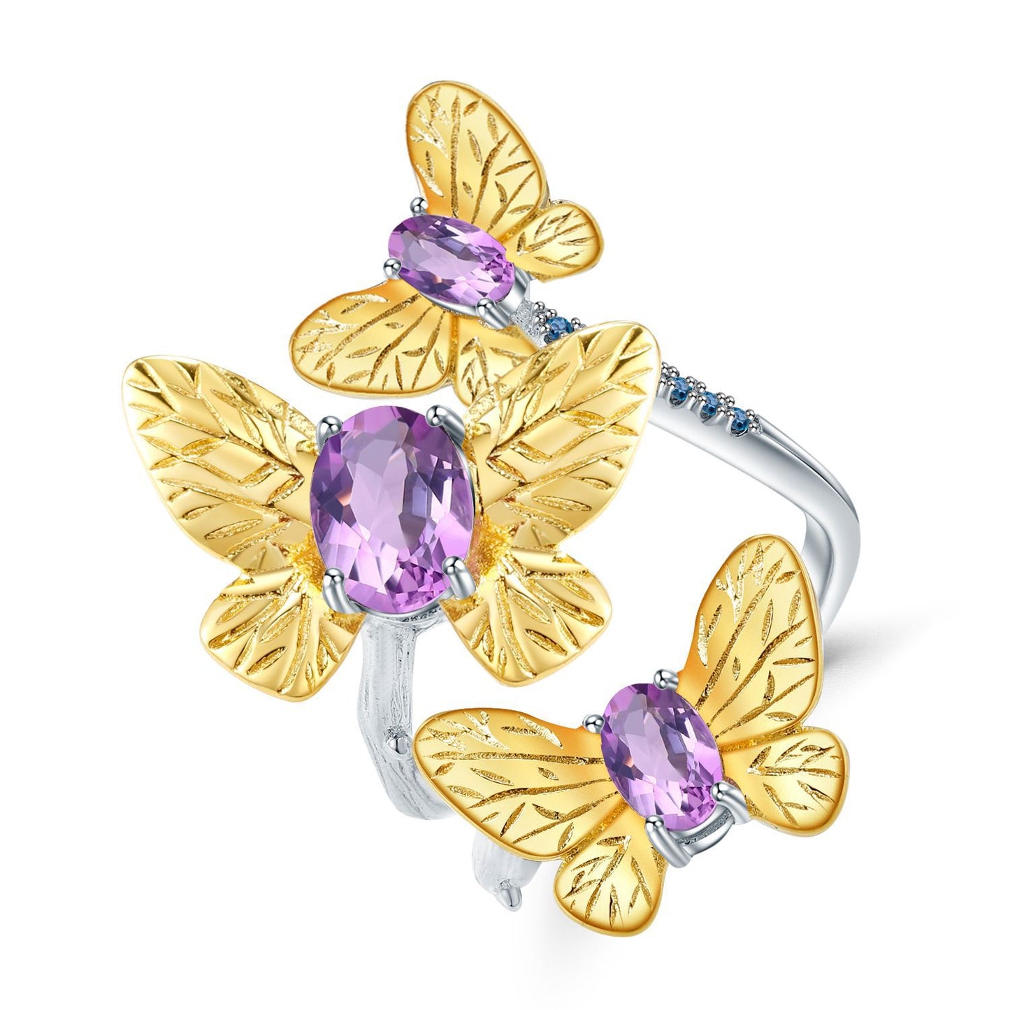 Designer High-End Gemstone Ring Natural Style Butterfly Design925Silver Natural Amethyst Open Ring