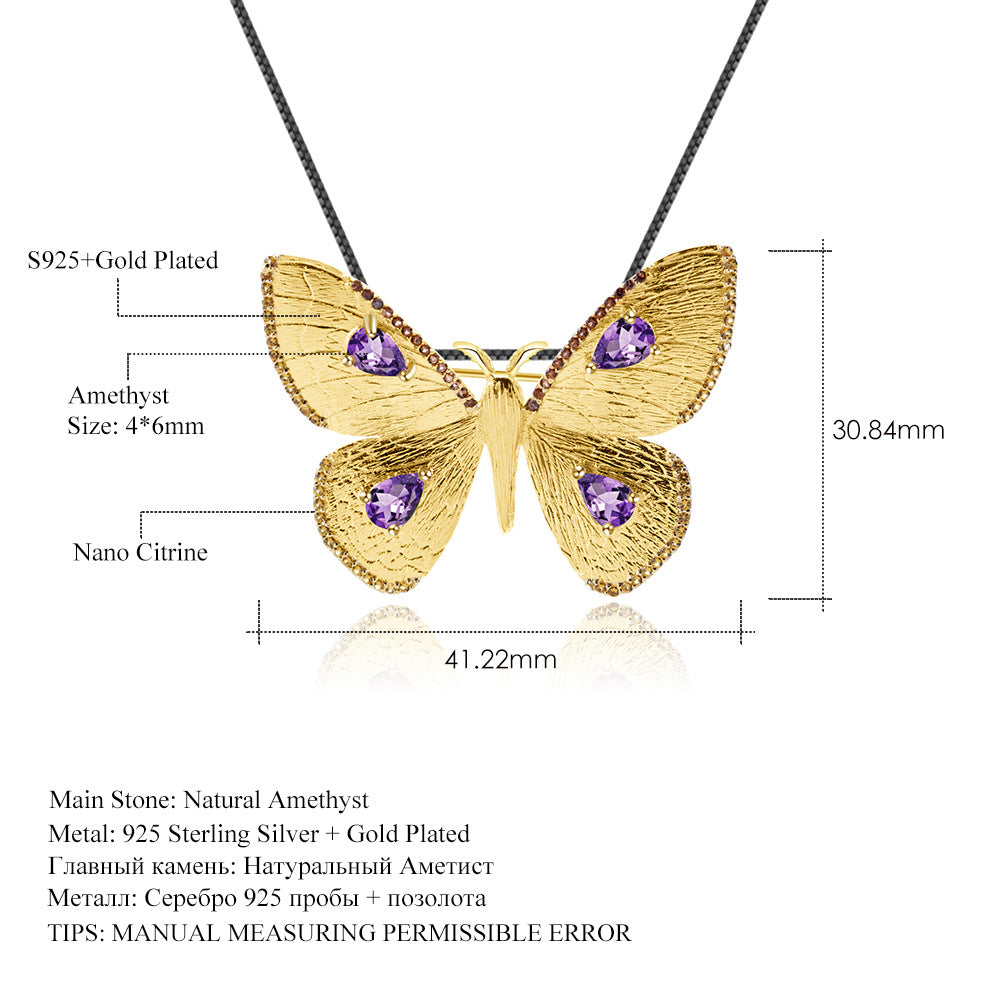 Designer Brooch Pendant Dual-use Butterfly Design Palace Style s925Silver Natural Amethyst Necklace Pendant