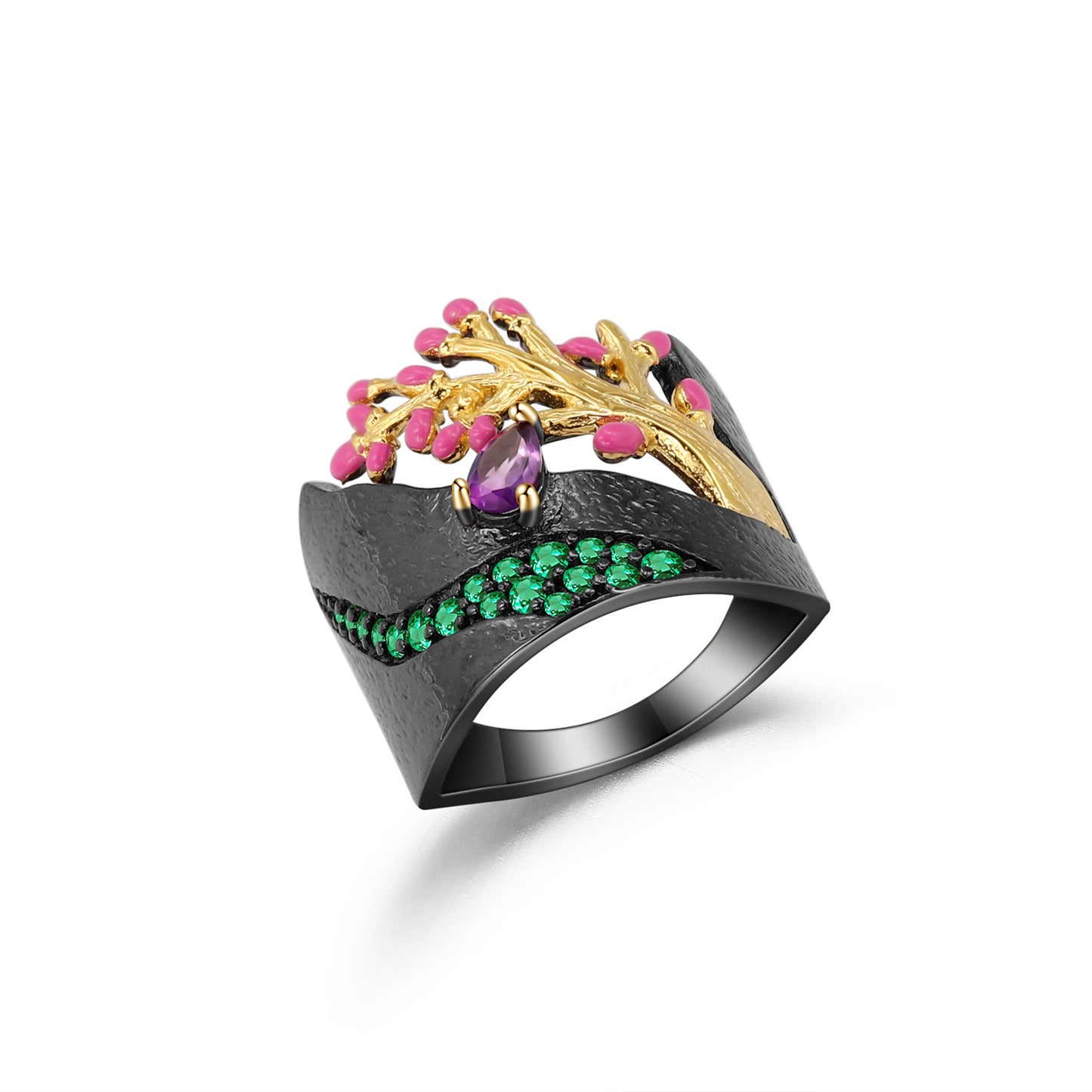 Designer Natural Style Tree of Life Ring Italian Craft Retro s925Silver Natural Amethyst Ring