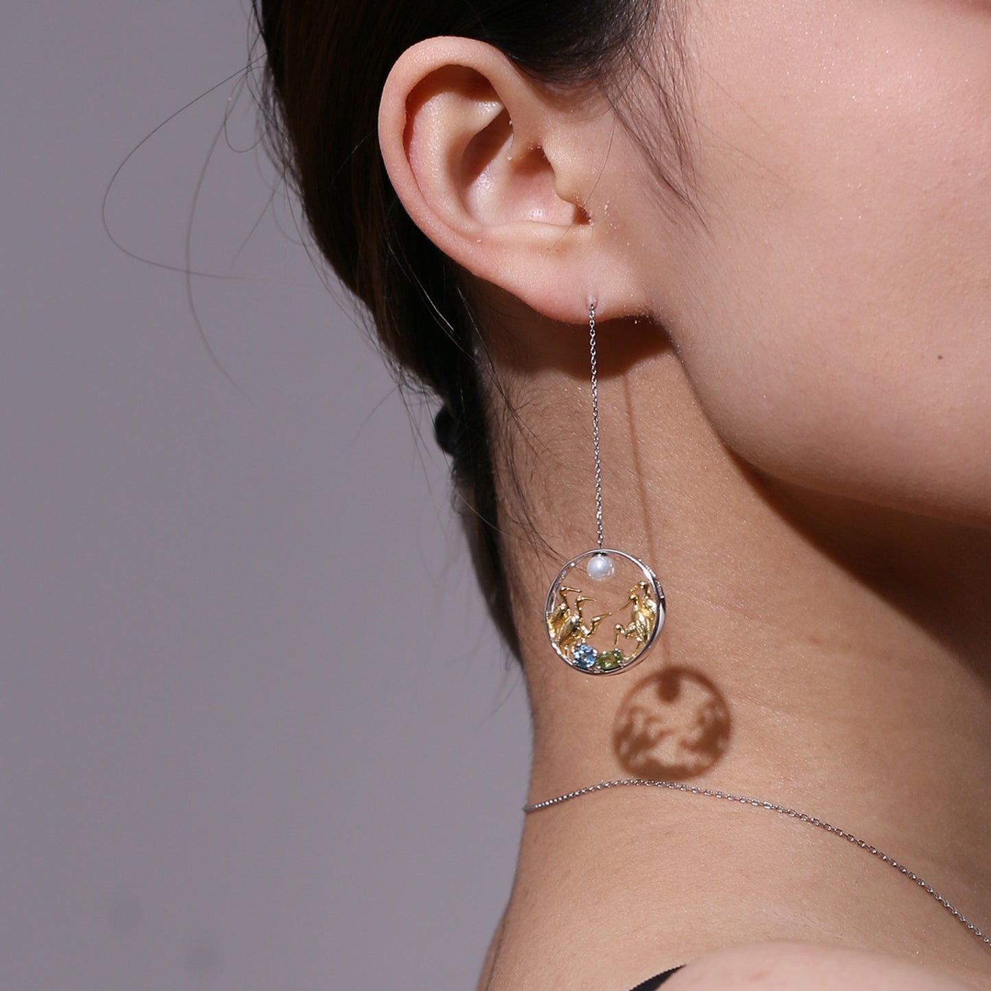 Freshwater Pearl Natural Topaz Peridot Earrings Crane's Love925Silver Earrings Chinese Style Round Earrings