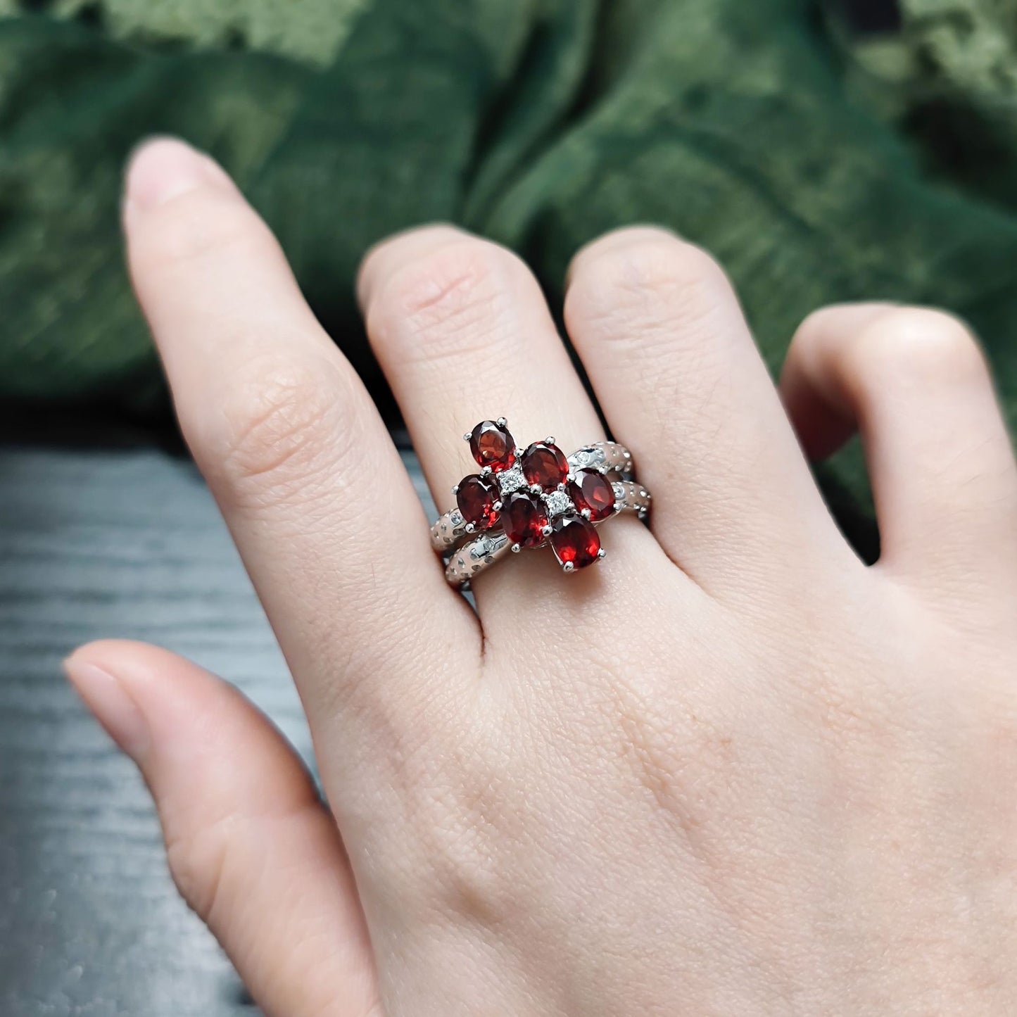 Unique Personality Double Ring s925Sterling Silver Gemstone Ring Natural Garnet Ring New Style