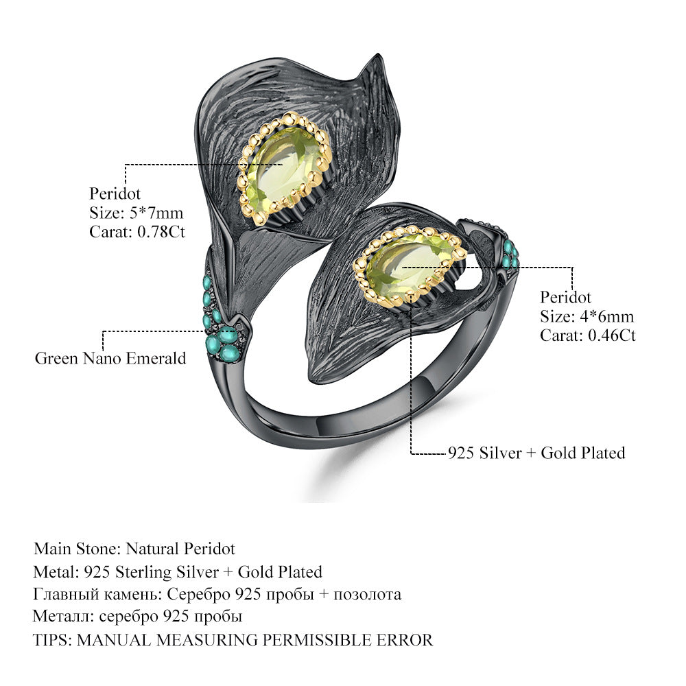 Italian Craft Jewelry Designer Open Ring Retro Natural Style s925Silver Natural Colored Gems Ring
