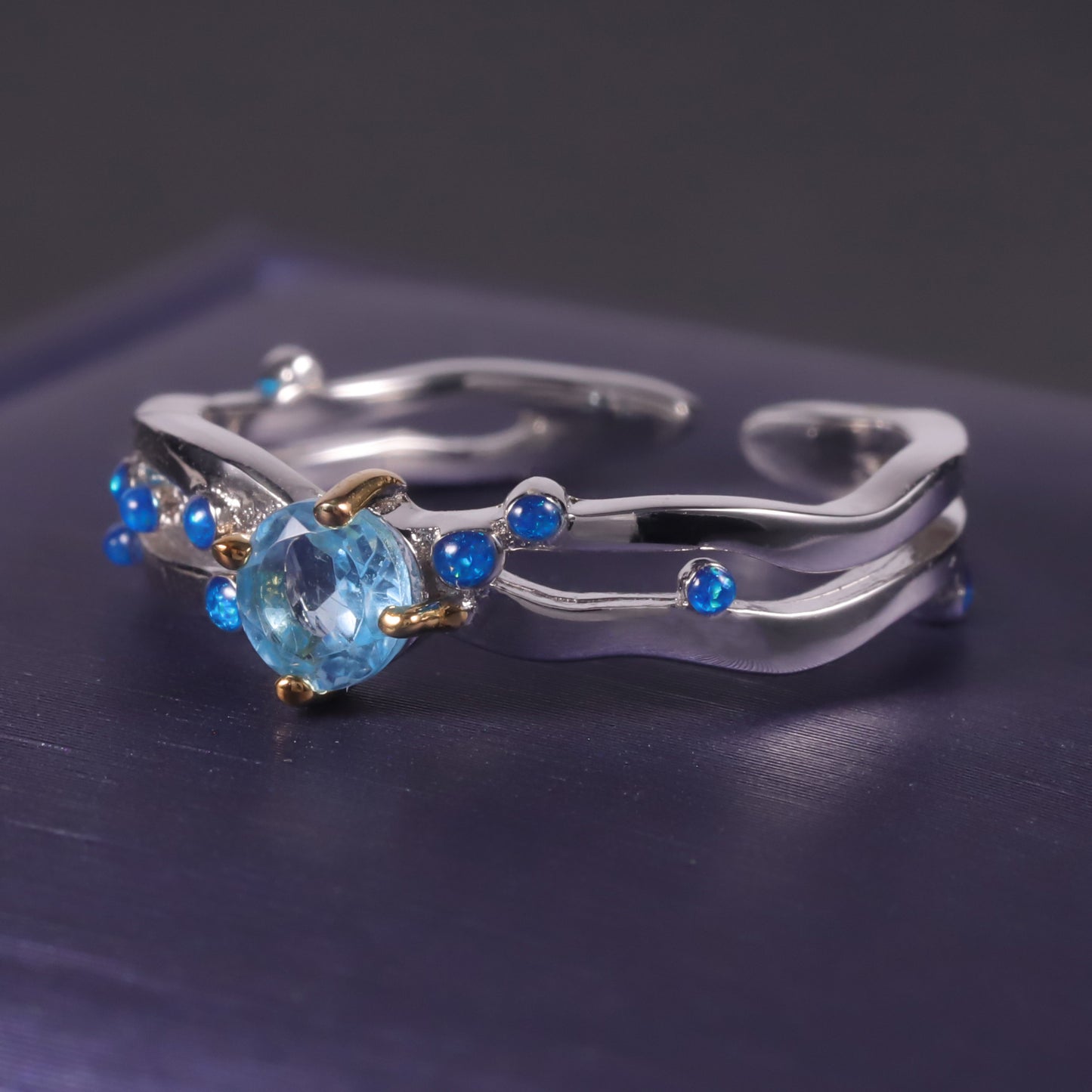 Designer Open Couple Rings Niche Wave Design s925Sterling Silver Inlaid Gemstone Enamel Ring
