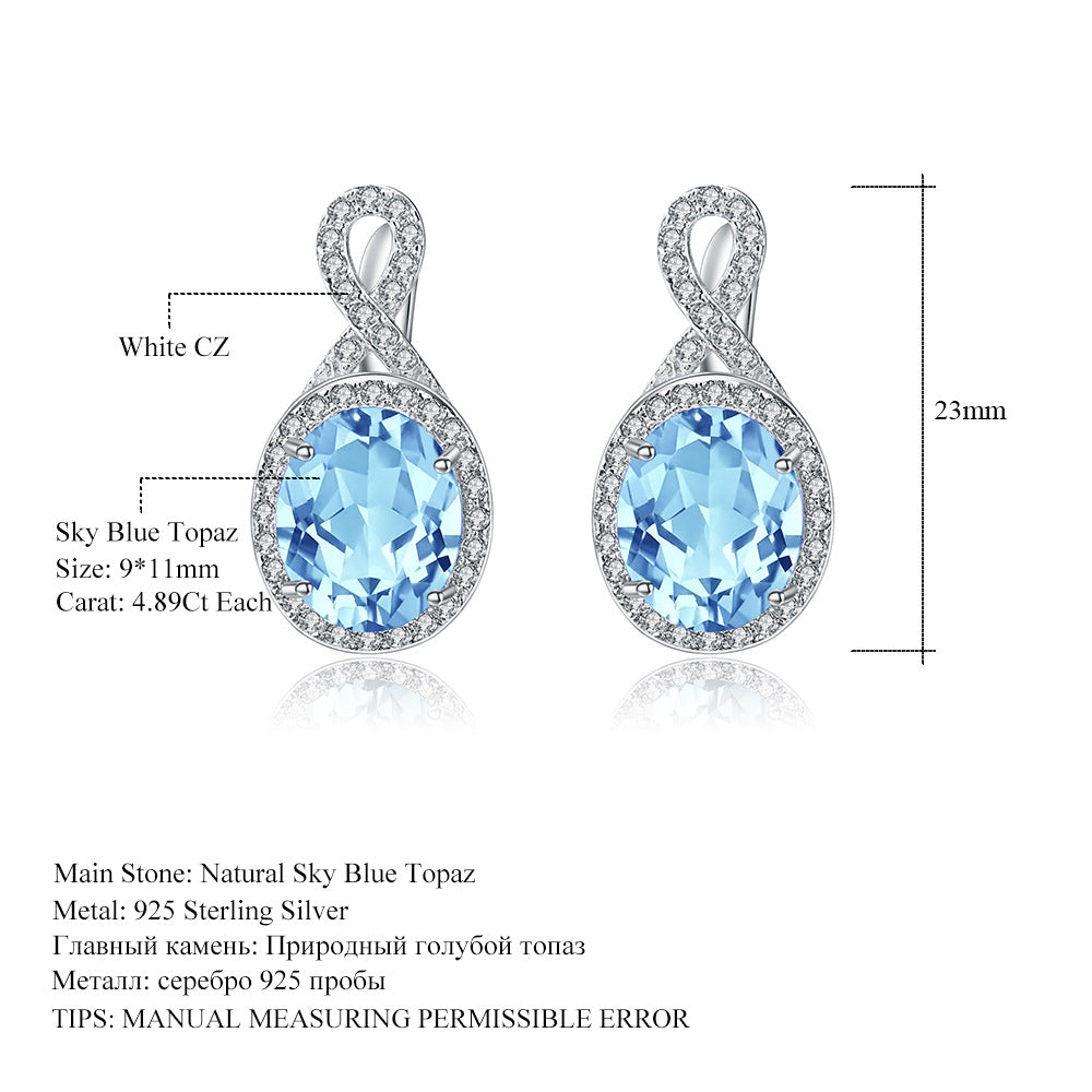 Fashion Natural Stone Ear Studs Earrings Vintage Personality s925Silver Earrings Sky Blue Topaz Gemstone Drop Earrings