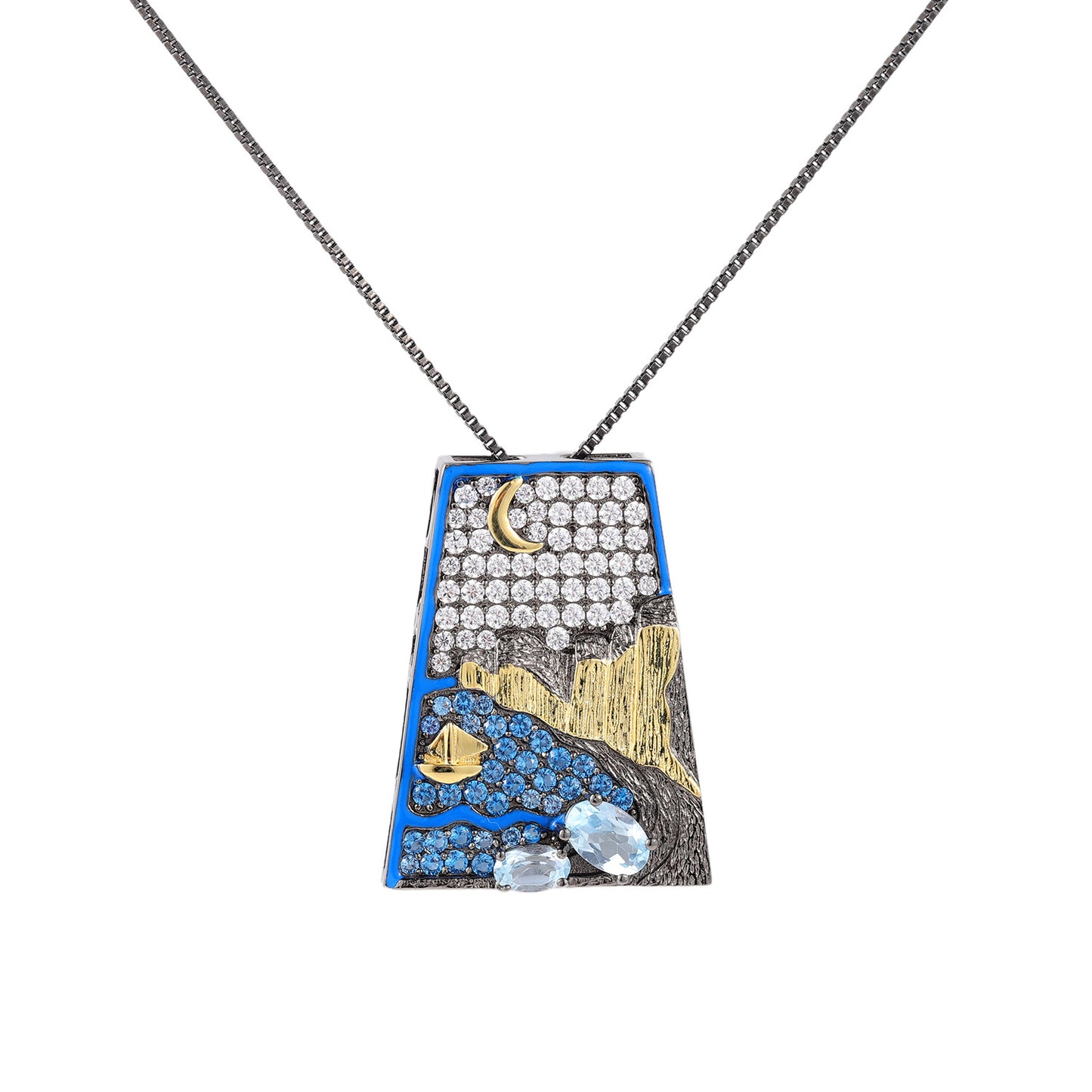 Natural Topaz Necklace925Sterling Silver Sapphire Square Pendant Niche Design Gemstone Clavicle Chain for Men and Women