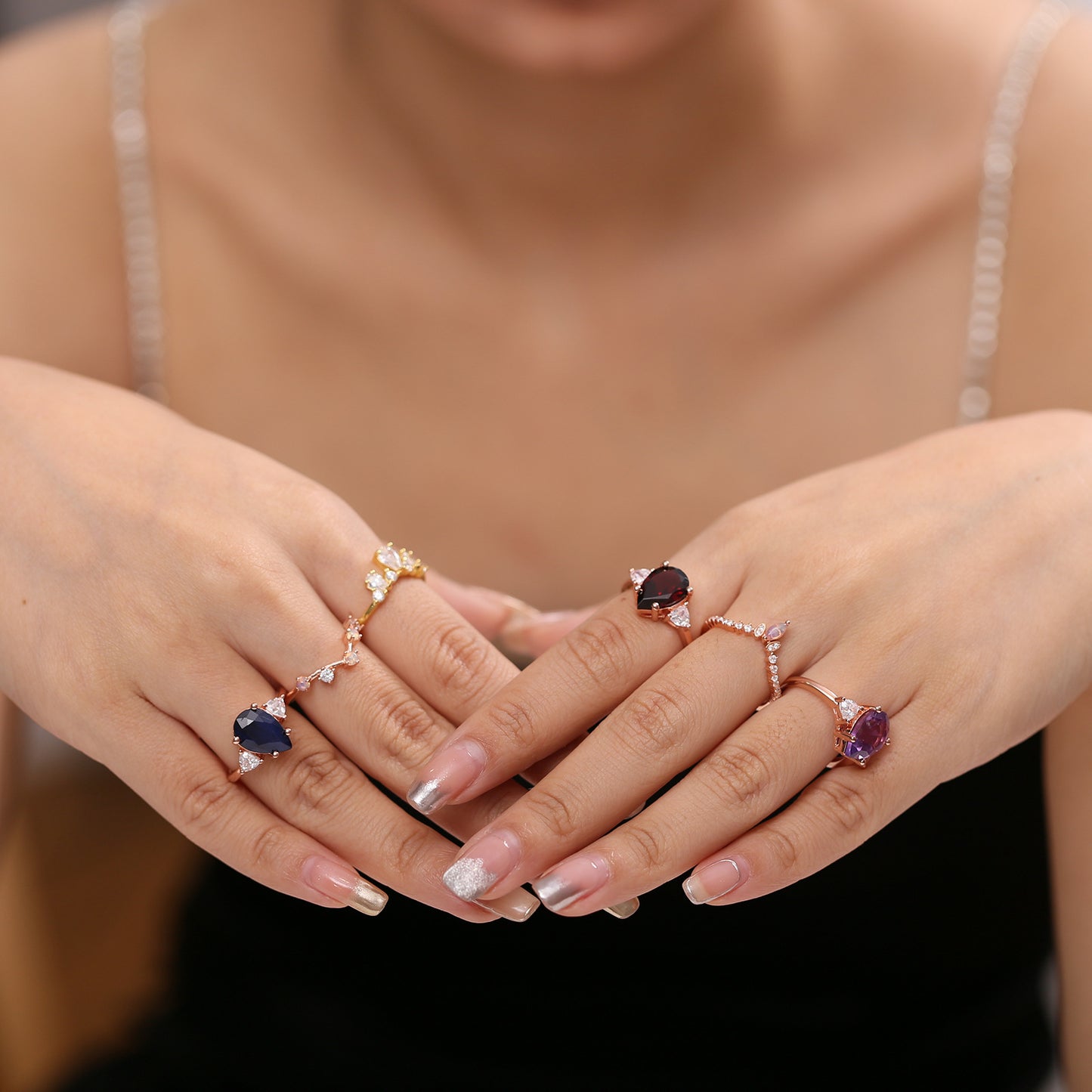 Fashion S925Sterling Silver Inlaid Sapphire Ring High-End Luxury8*12mm Gemstone Rose Gold Ring