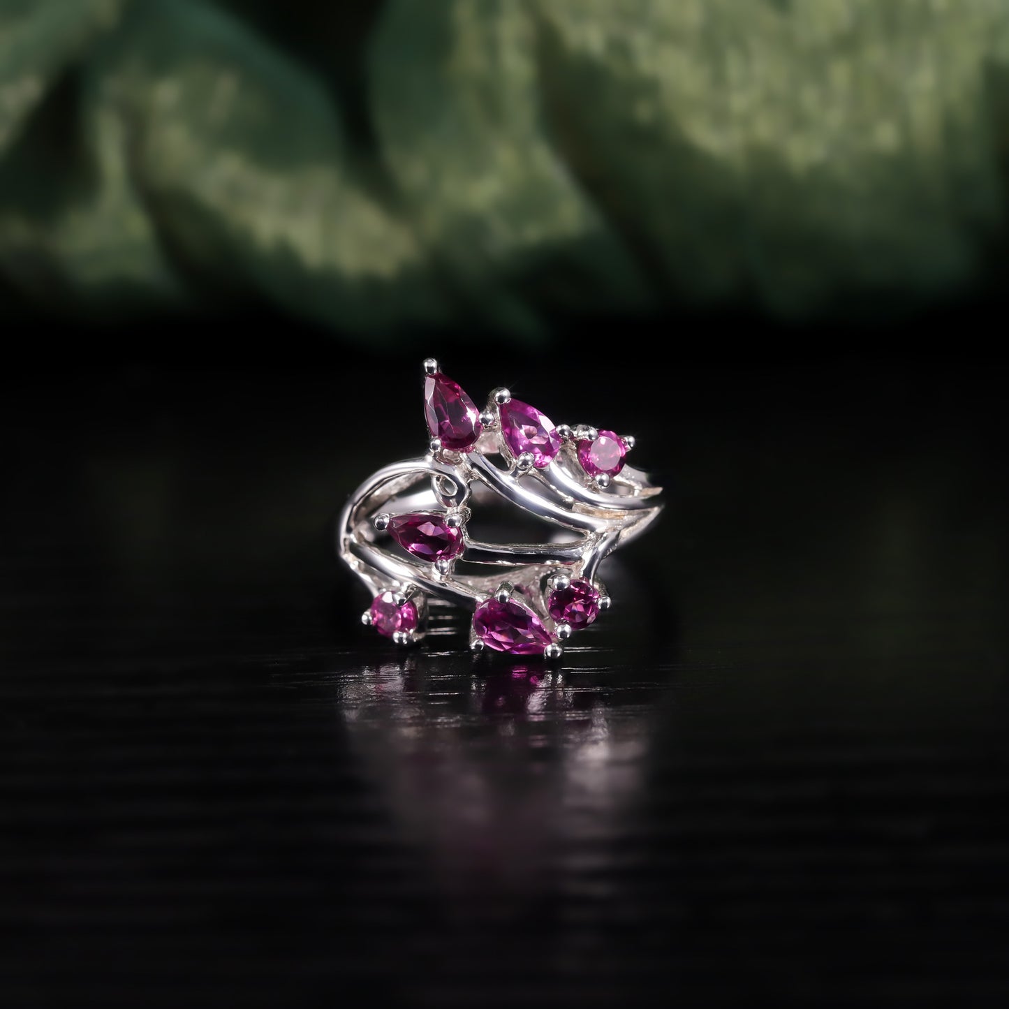 Natural Wind s925Sterling Silver Gemstone Ring Natural Rose Garnet Ring Leaf Ring for Women