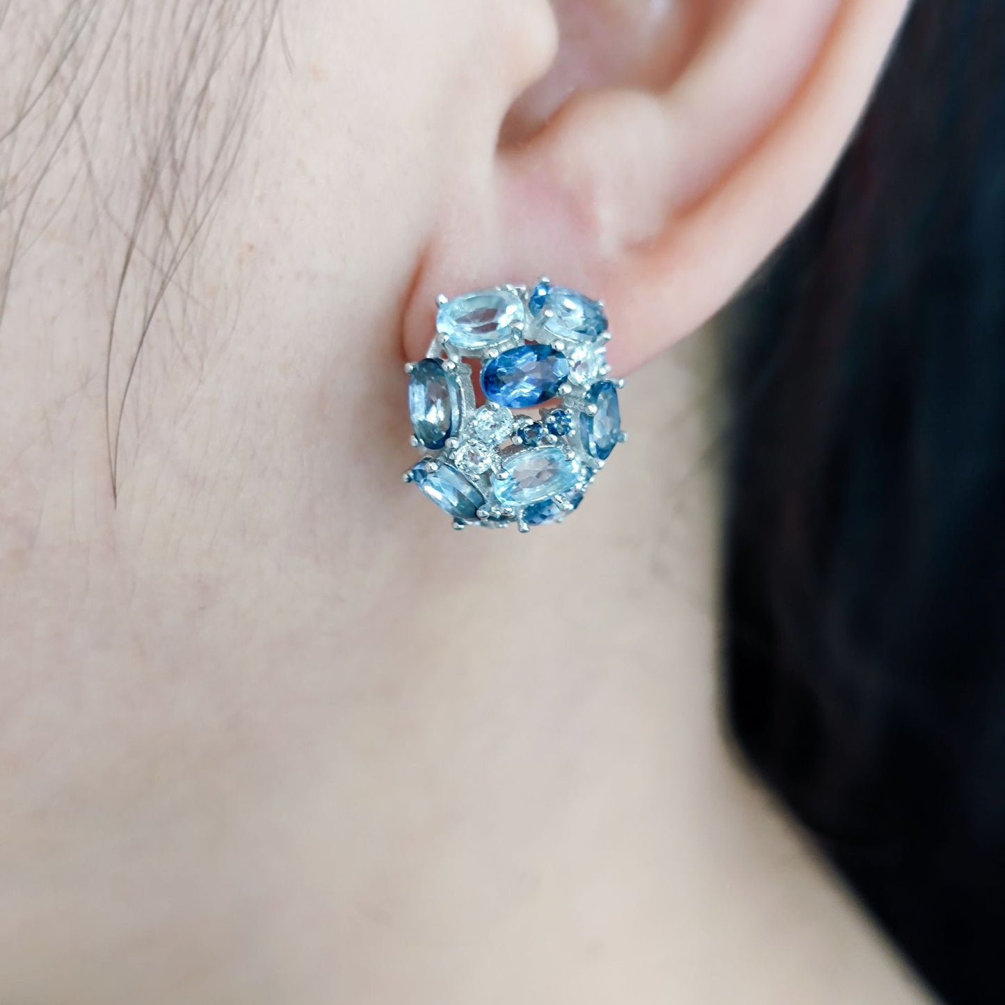 Special-interest design s925Sterling Silver Inlaid Natural Topaz Crystal Earrings British Buckle Women's Gemstone Earrings New