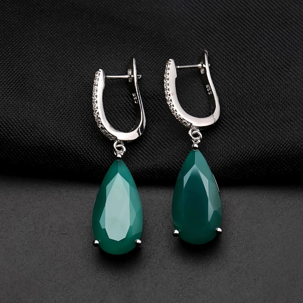 Luxurious and Sophisticated Green Agate Earrings Fashion Temperament s925Sterling Silver Inlaid Natural Gemstone Earrings