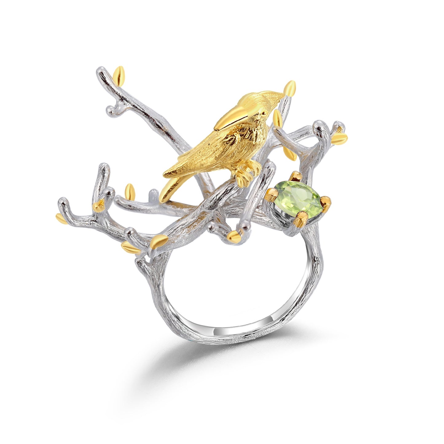 Designer Natural Peridot Ring Natural Style Tree Branch Bird Design s925Silver Inlaid Gemstone Ring