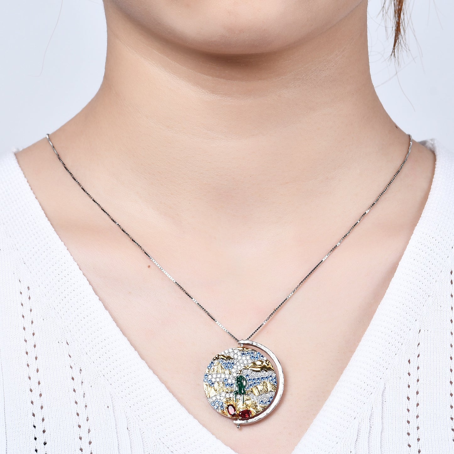 Italian Craft Abstract Pattern Vintage Jewelry Designer Necklace s925Silver Inlaid Gemstone Necklace Pendant