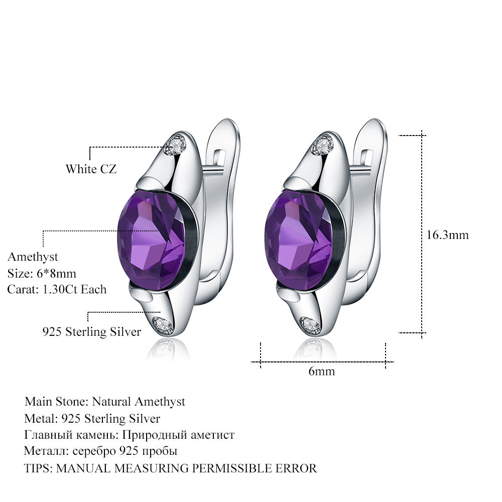 Fashion Simple Natural Stone Ear Studs Earrings Retro s925Silver Inlaid Colorful Gemstone Earrings