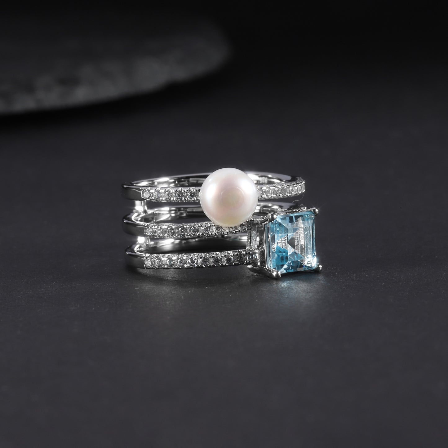 S925Sterling Silver Natural Freshwater Pearl Ring Fashionable Light Luxury High-end Inlaid Natural Topaz Ring