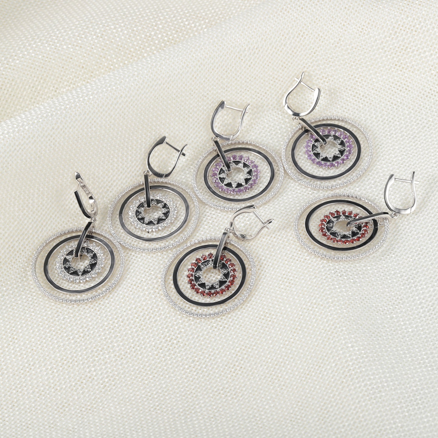 Designer Natural Garnet Enamel Earrings Unique Circular Design925Silver Color Gemstone Earrings