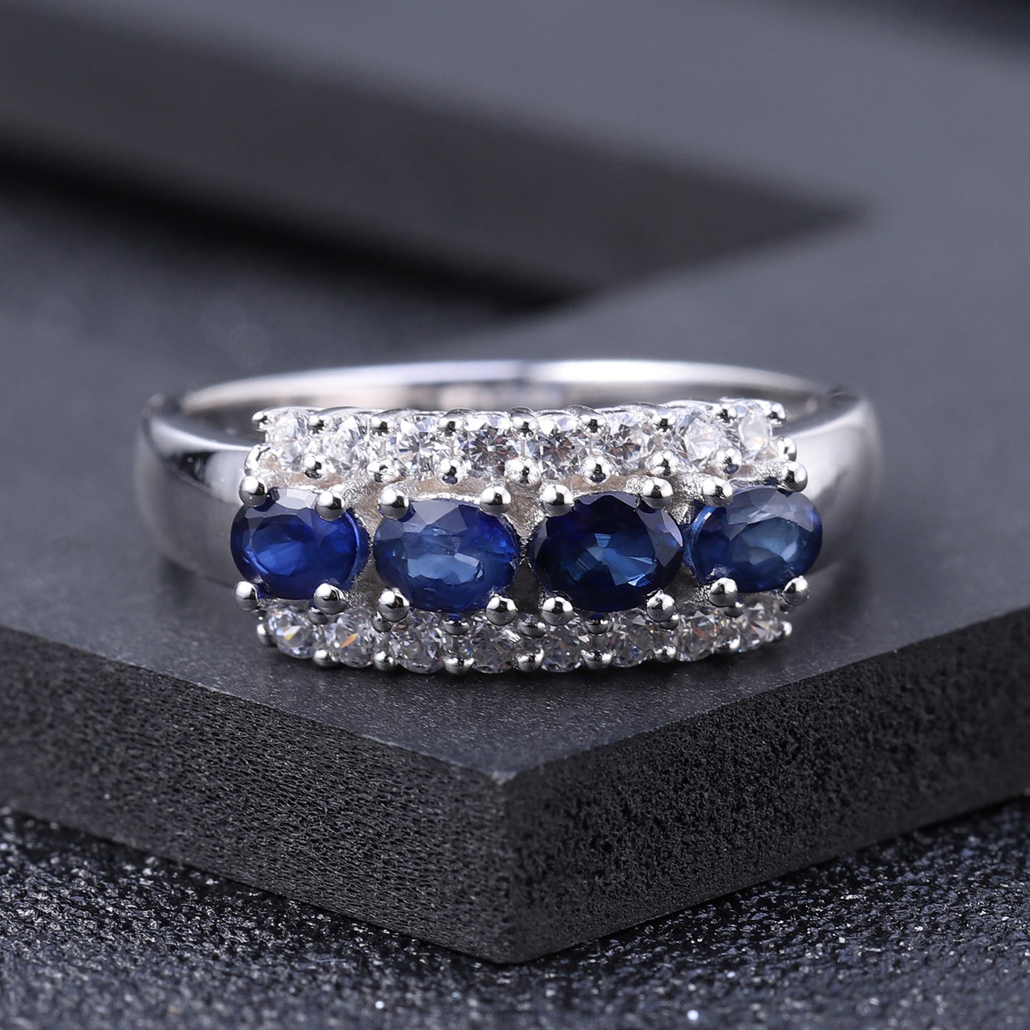 New Luxury High-End Natural Sapphire Ring Fashion Design One-Word Row s925Silver Inlaid Gemstone Ring