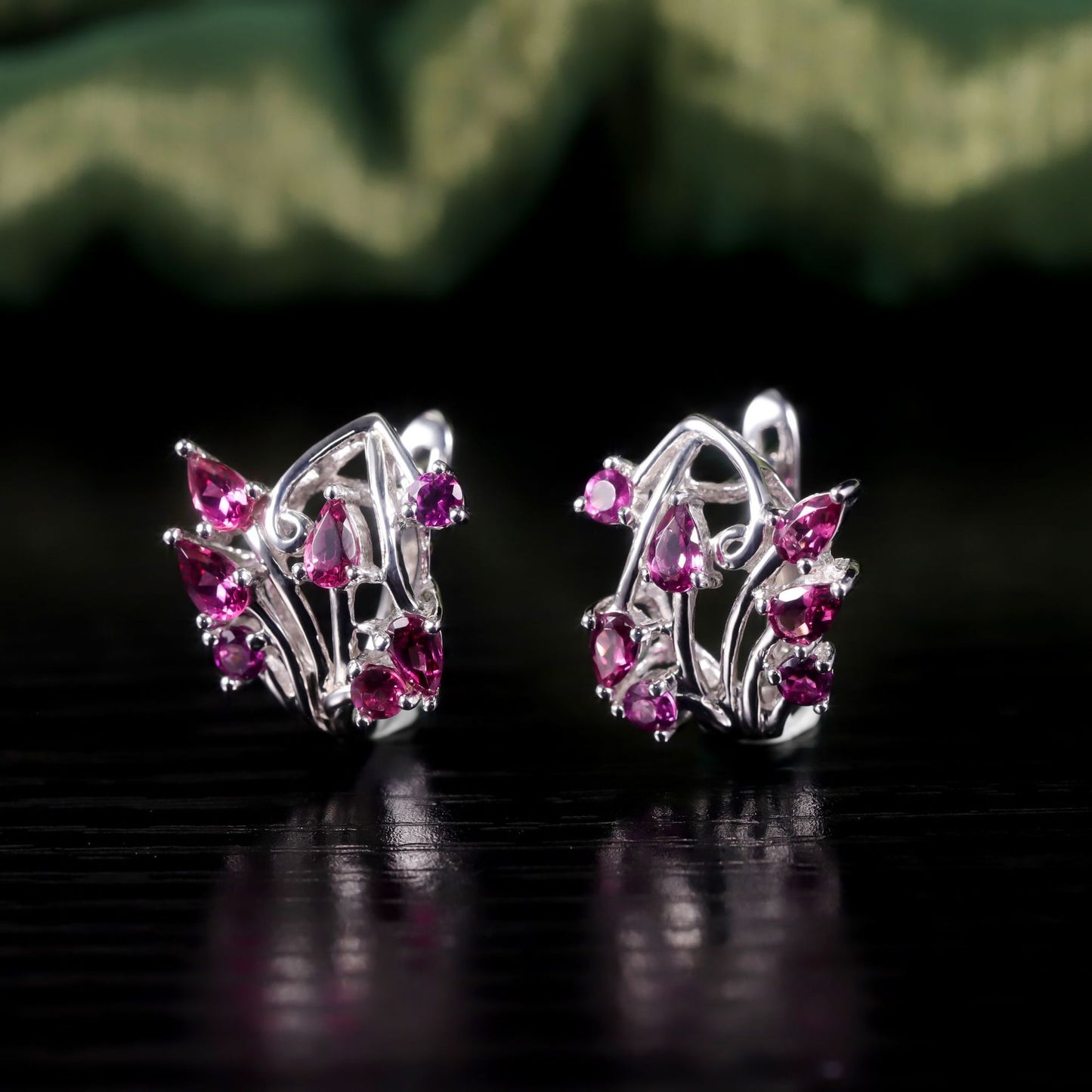 Natural Style Leaf Branch Earrings S925Sterling Silver Inlaid Natural Garnet Niche Design Earrings New Style