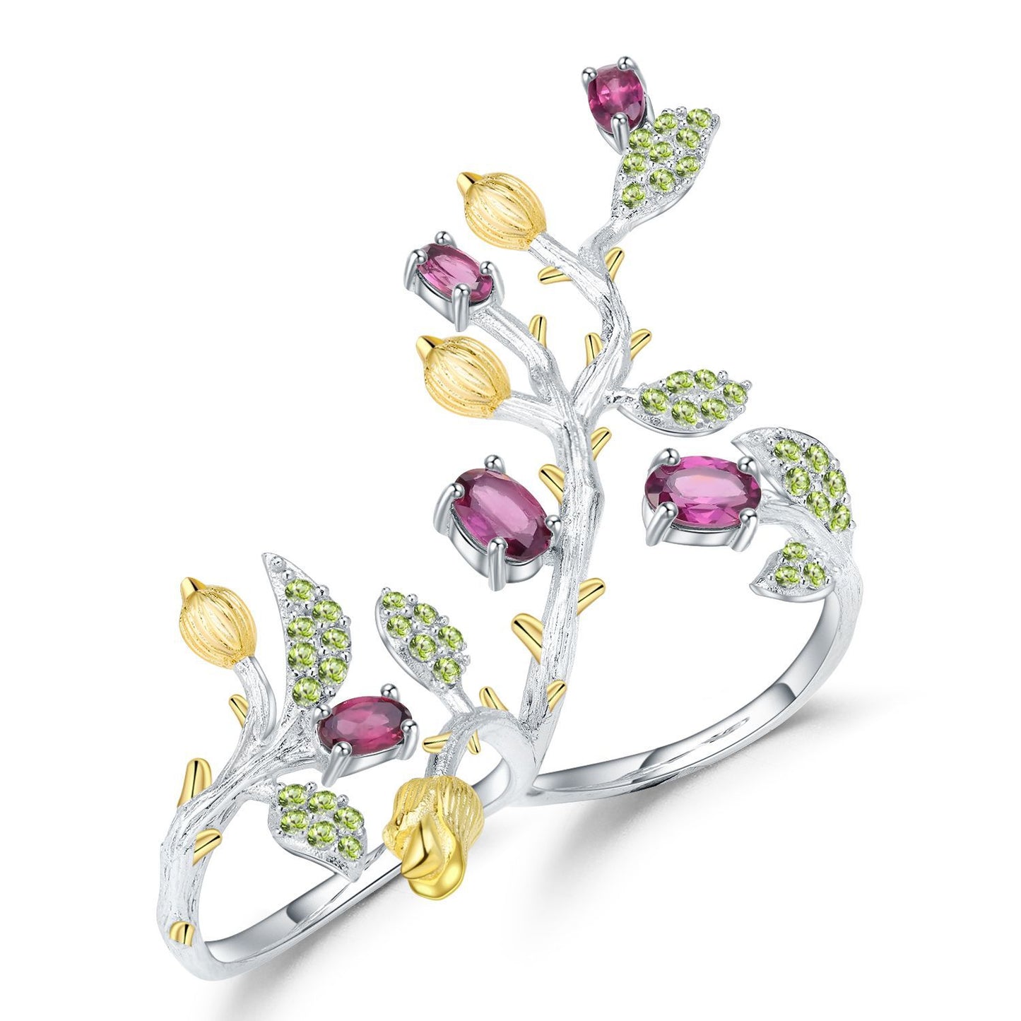 Vintage Plant Nature Style Designer Jewelry Adjustable Double Finger Ring s925Silver Natural Colored Gems Ring