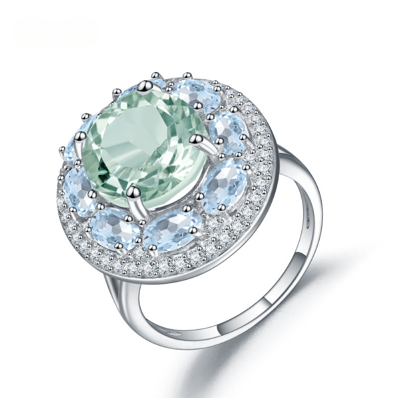 s925Silver Natural Topaz Green Amethyst Ring High-end Fashion Luxurious Inlaid Natural Gemstone Ring