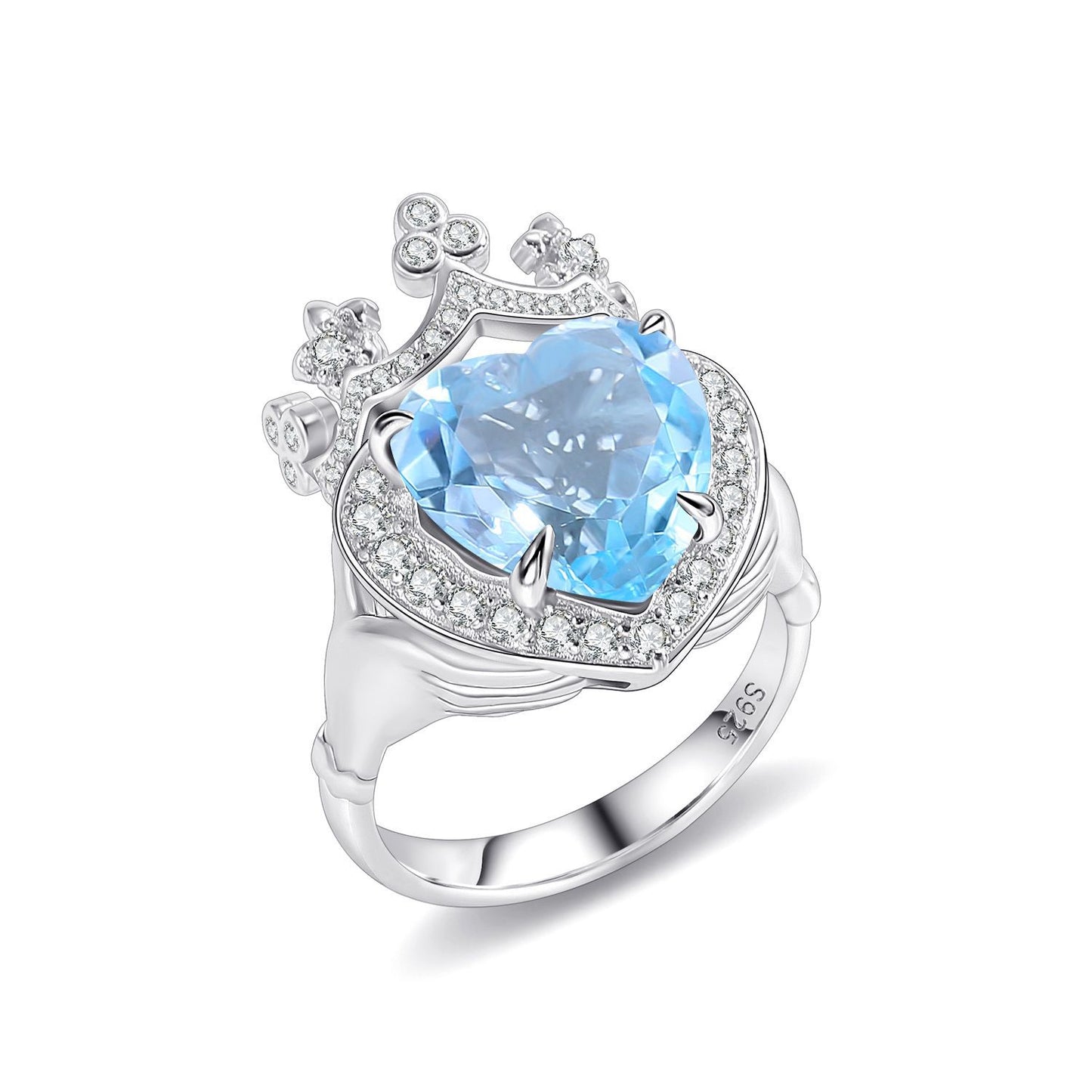 Special-interest design S925Sterling Silver Inlaid Natural Gemstone Crystal Ring Gift for Girls Crown Heart Ring