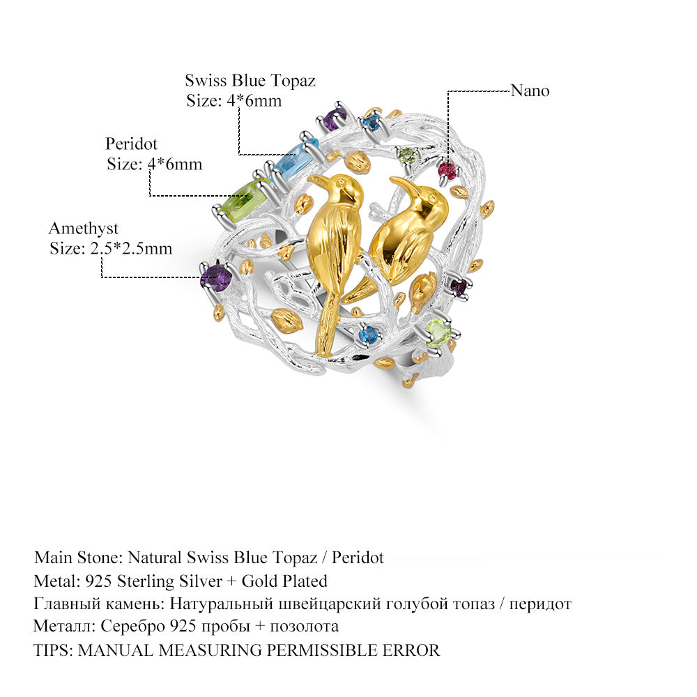 Designer High-End Sense Personality Chinese Style Ring Natural Wind Bird Design s925Silver natural gemstone ring